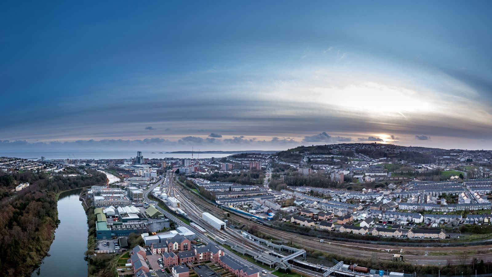 Swansea city centre, the river Tawe and Swansea Bay from the air